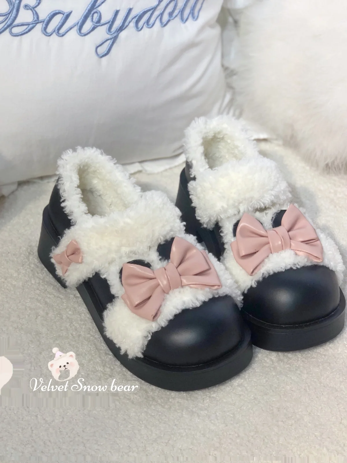 Autumn Winter Velvet Warm Lolita Round Head Shoes Cute Kawaii Lamb Wool Big Head Shoes