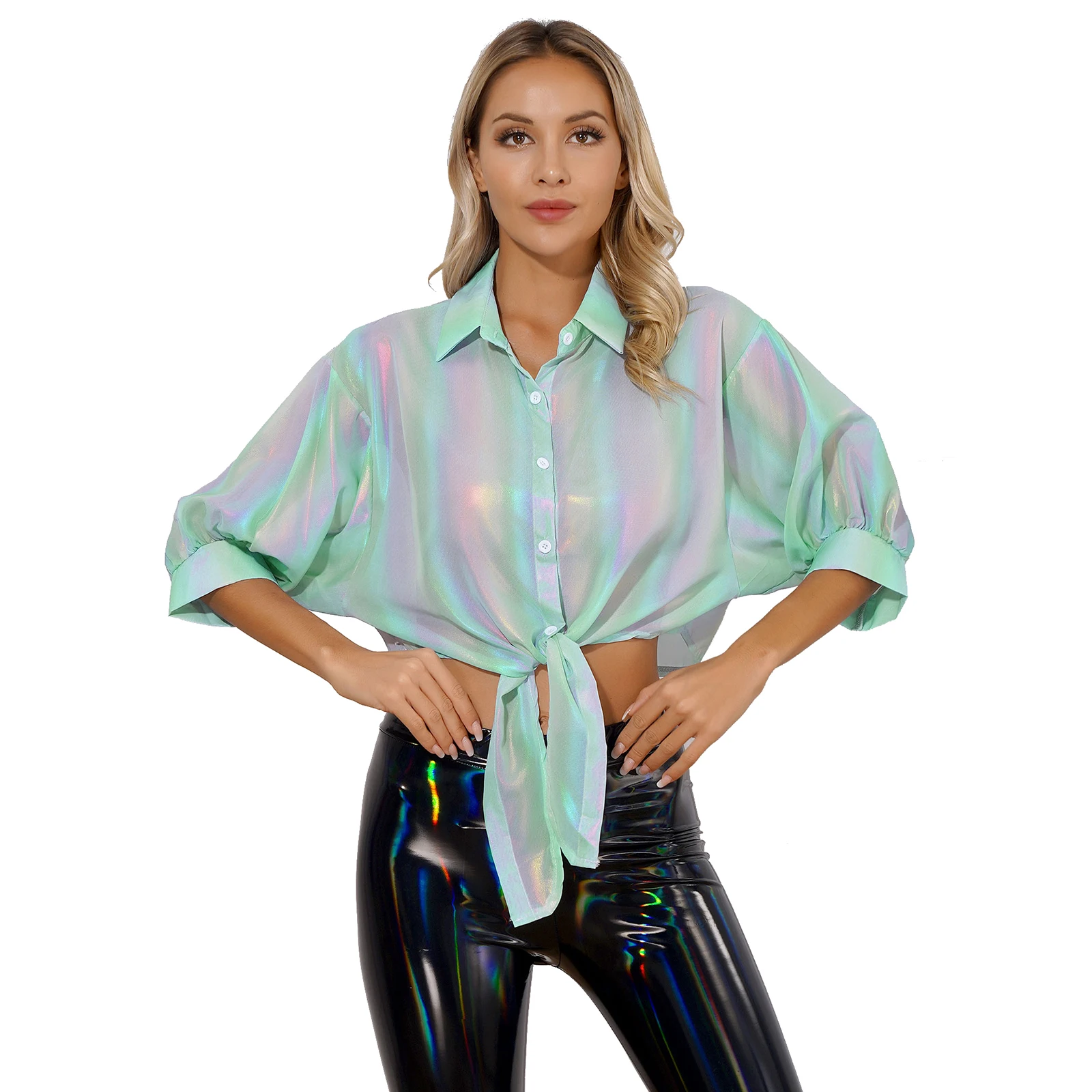 Womens Shiny Cardigan Turn-Down Collar Half Sleeve Button Up Tied Waist Crop Shirt Shrug Blouses Chiffon Shirts Summer Autumn