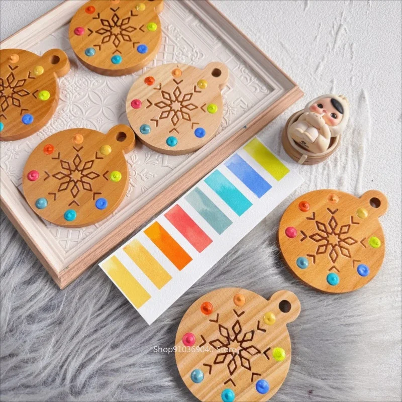 

New Wooden Palette Round Snowflake Shape Watercolor Paint Tray Portable Pendant Palette Art Student Painting Supplies