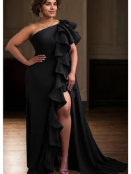 Elegant One Shoulder Evening Party Dress Ruffle Slit Hem Sexy Black Chiffon Vintage Cocktail Maxi Dresses for Summer 2025