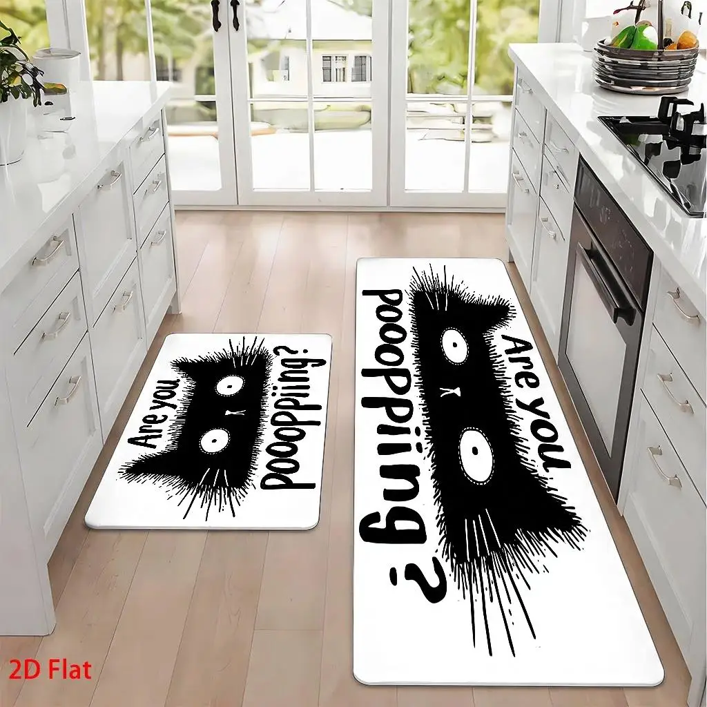 1pc, 2pcs, 3pcs, 2D Flat Kitchen Floor Mat Set, Funny Black Cat Poooping Humor Floor Mat, Whimsical Cartoon Design, Festive Halloween Decoration, Easy-to-Clean Decorative Kitchen Mat, Suitable for Kitchen, Bathroom, 2D Flat