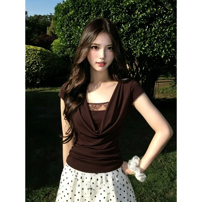 Slim Fit Lace Insert Short Sleeve T-Shirt Women's Summer Casual Wear Waist Cinching Ruffle Detailing Boxy Cut Top