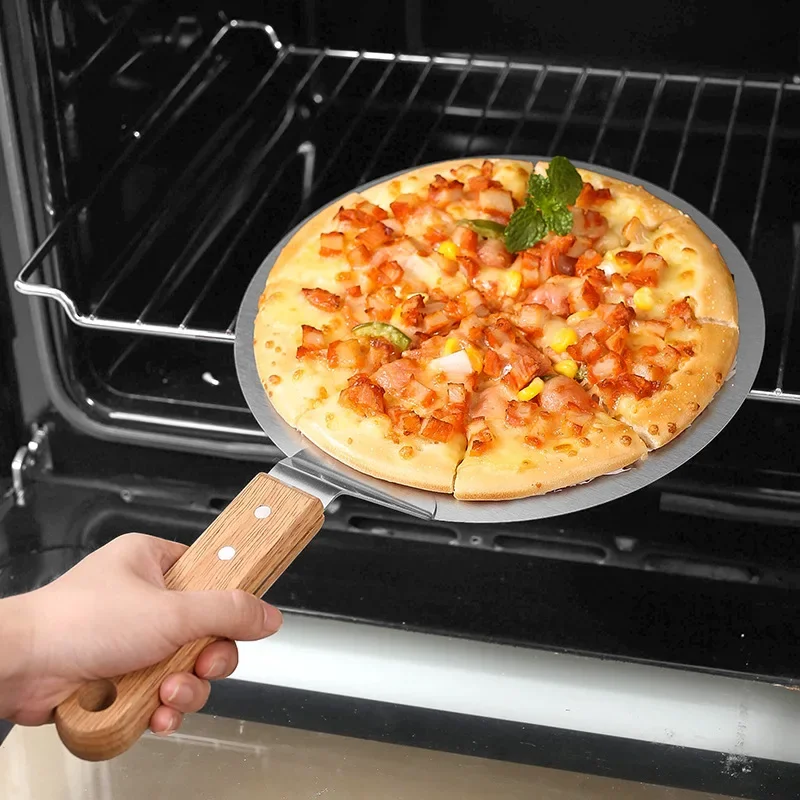 New Pizza Shovel Pastry Tools Accessories Pizza Peel Round Stainless Steel Non-stick Pizza Paddle Spatula With Oak Wooden Handle