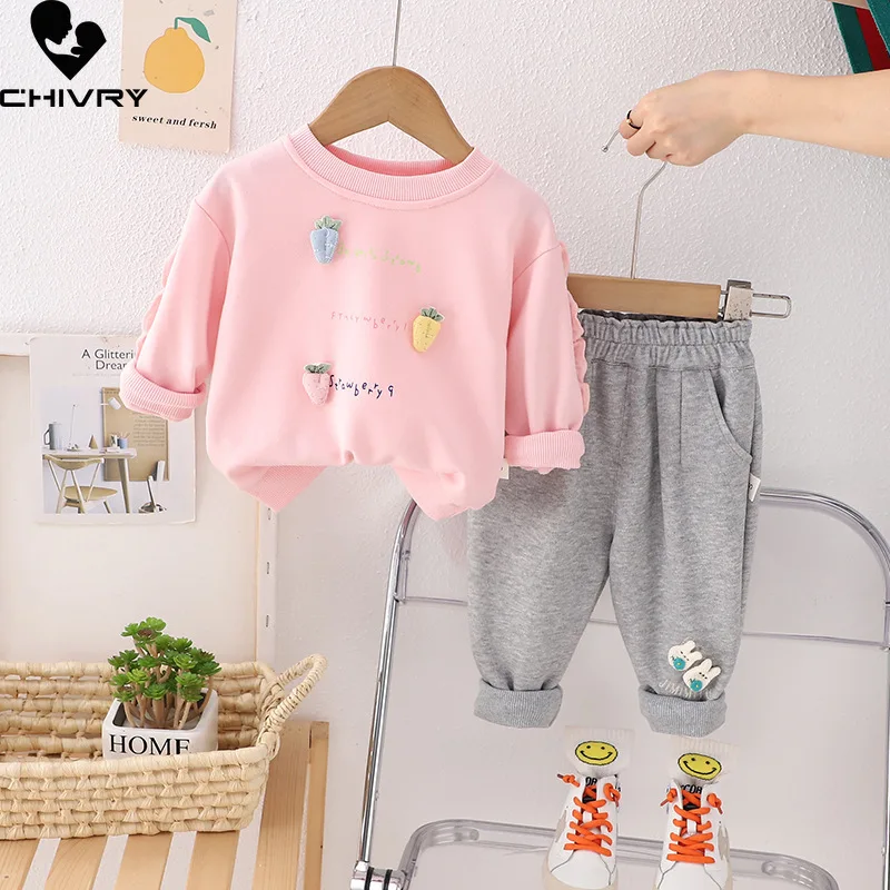 

New Kids Spring Autumn Fashion Cute Cartoon Carrot Pullover Sweatshirt Tops with Sweat Pants Baby Girls Casual Clothing Sets