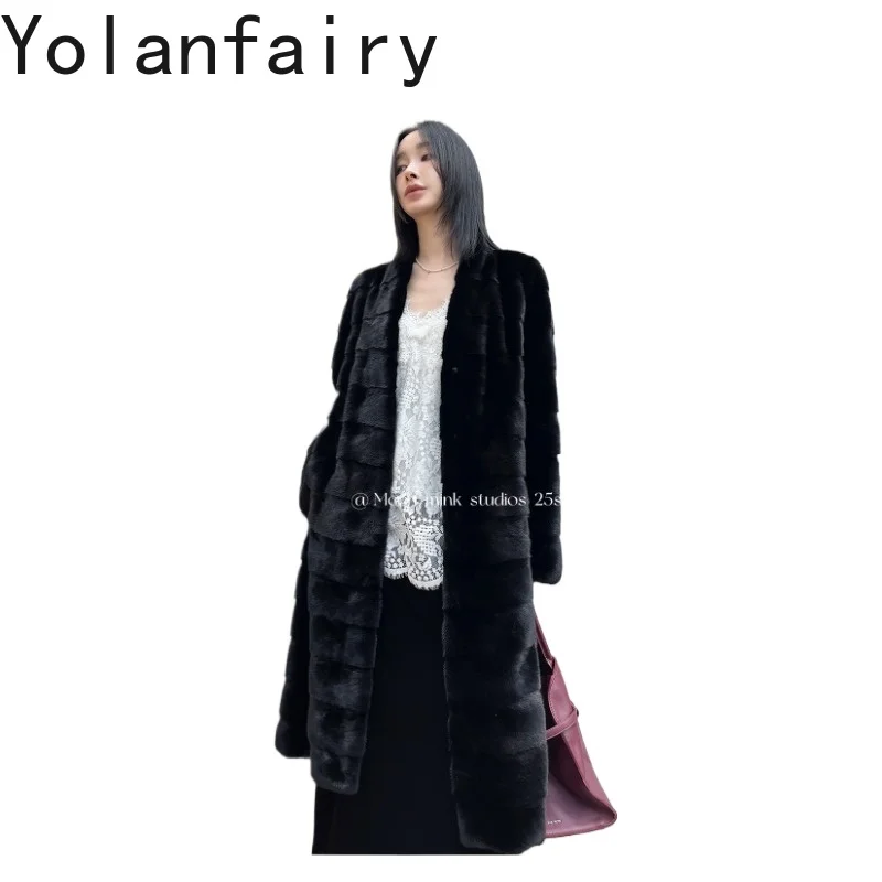 YOLANFAIRY Luxury Purple Label Velvet Whole Mink Fur Coat Women Real Fur Jacket  Furry Overcoat Long Winter Tops 111cm Chic Шуба