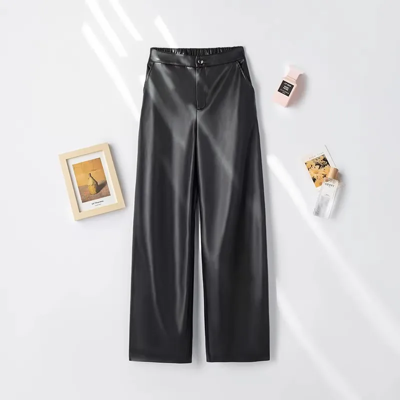 

High Waist eepskin Leather Pants Long Trousers Autumn New Sle Dra Wide Leg Straight Cut Pants for ort Women