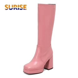 Pink Green Purple Women Knee High Boots Thick Heel Winter Plush Party Dress Show Lady Square Toe Zipper Long Gogo Platform Boots