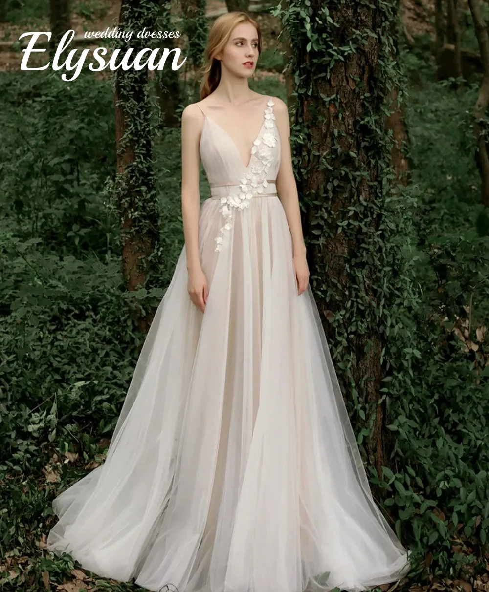 

Свадебное платье в стиле бохо с бретелями по индивидуальному заказу, кружевное свадебное платье цвета шампанского с v-образным вырезом, белое платье принцессы De Mariage