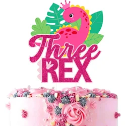 1PCS Three Rex Cake Topper Pink, Dinosaur Cake Topper for Dinosaur 3 Years Old Birthday Party Decorations