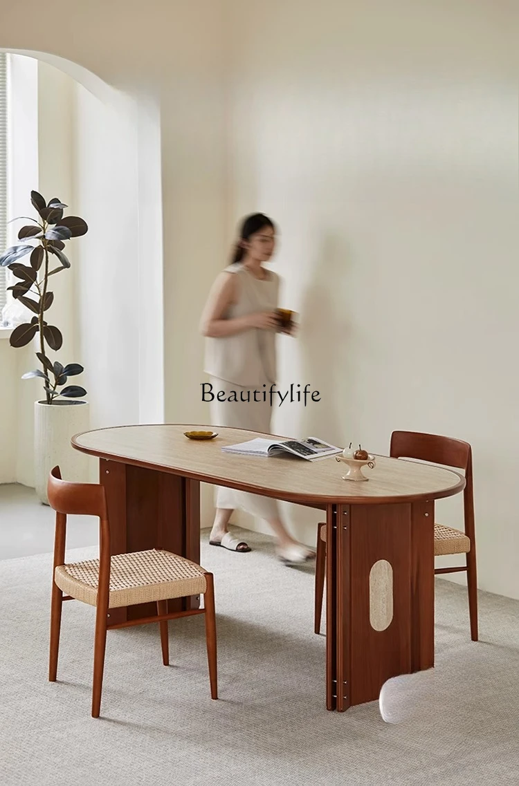 

*Old style rock slab solid wood cream style in oval travertine dining table