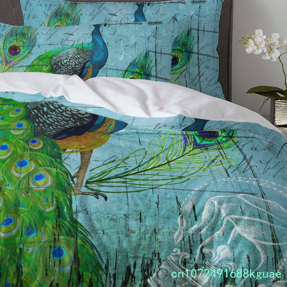 Peacock Wood Grain Feather Retro Duvet Cover With Pillow Case Custom 3pcs Bedding Set Quilt Cover Double Bed Home Textile 5