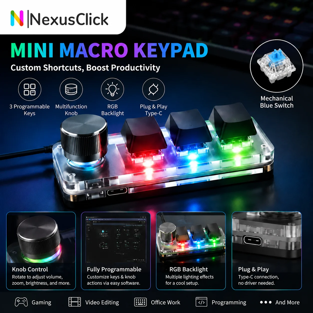3-Keys Programmable Mechanical Mini Keyboard With Knob RGB Backlit Custom Shortcut Keypad With Macro For PC Editing/Office/Work