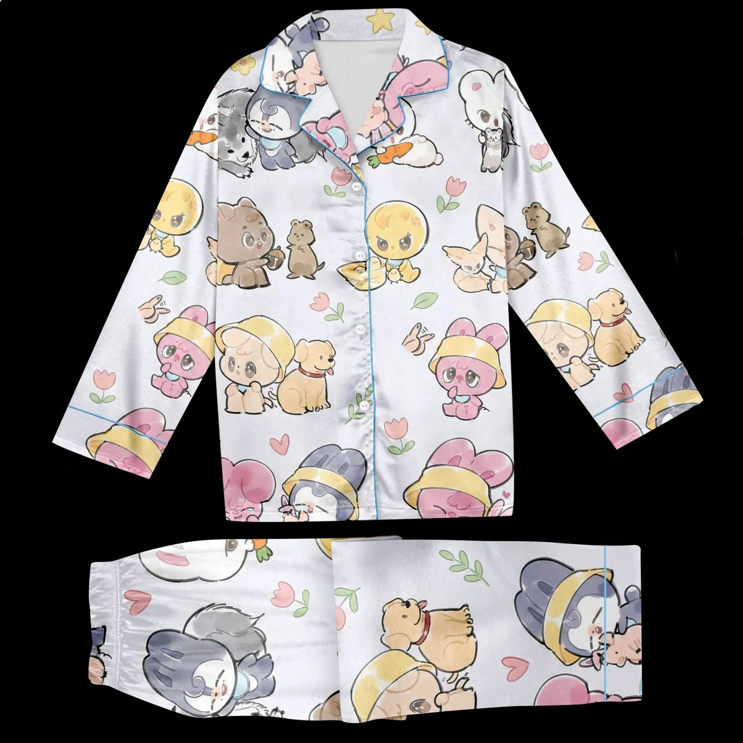 Pijama de Satén con Estampado de Dibujos Animados de Kpop Stray Kids SKZOO, Conjunto de Cosplay para Fanáticos, Unisex, Manga Larga, Cuello con Solapa, Botones, Ropa de Dormir de 2 Piezas, Estampado Animal