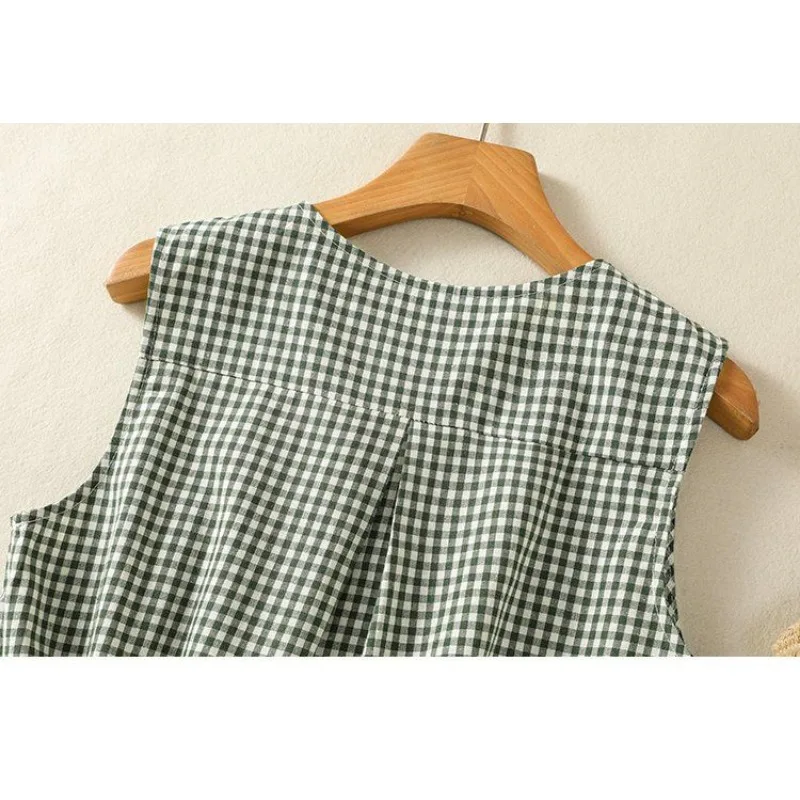 Japońska kamizelka w kratę dla kobiet, letnia odzież wierzchnia, modna koronkowa kamizelka bez rękawów.