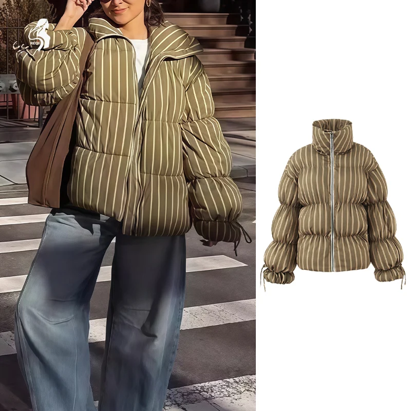 

Fashionable Womens Loose And Comfortable Casual Puffer Cotton Jacket High Collar Zipper Striped Jacket Everyday Commuter Outfit