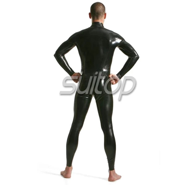 Men's classical rubber latex catsuit in black CATSUITOP with front zip to waist back