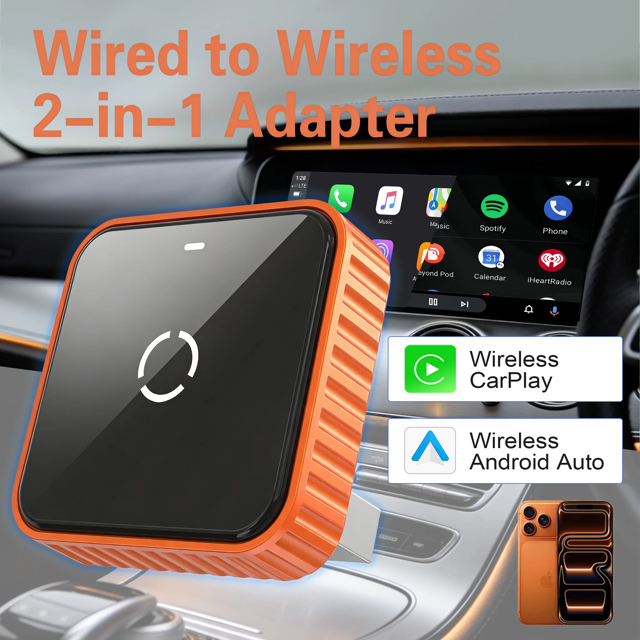 

Беспроводной адаптер CarPlay 2026 для iPhone iOS10+, переходник Android Auto с проводного на беспроводной нулевой задержкой Plug&Play.