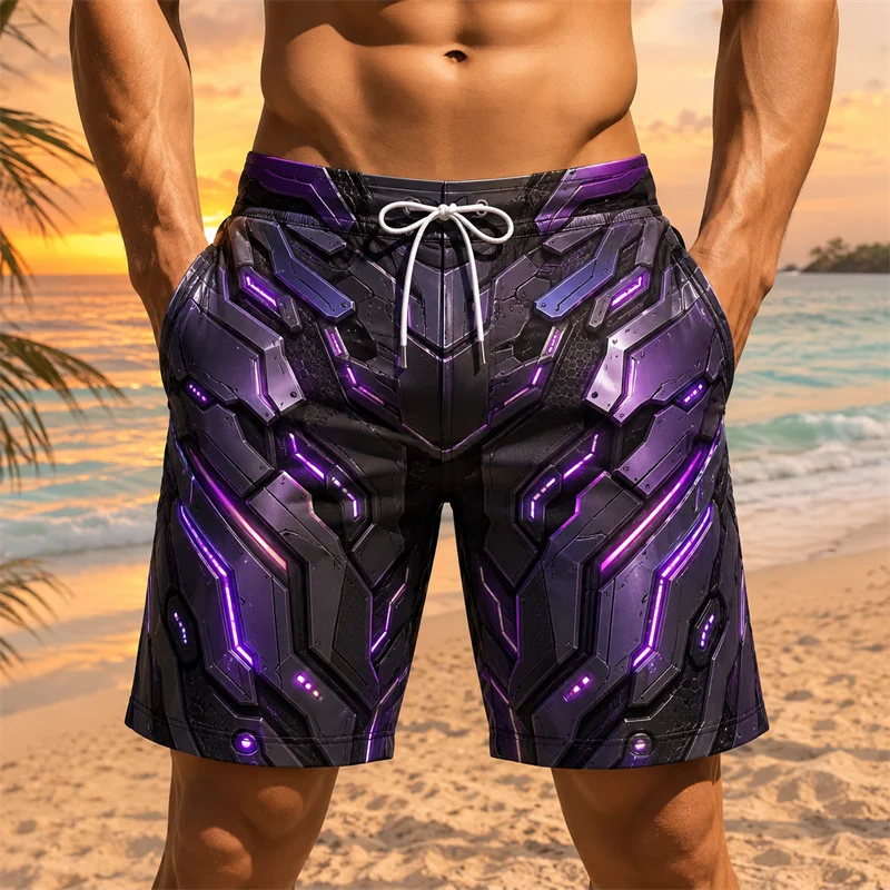 Summer New Men Futuristic Mecha Armor Print Board Shorts Quick Dry Robot Tech Graphic Swim Trunks Summer Funny Men's Swimsuit