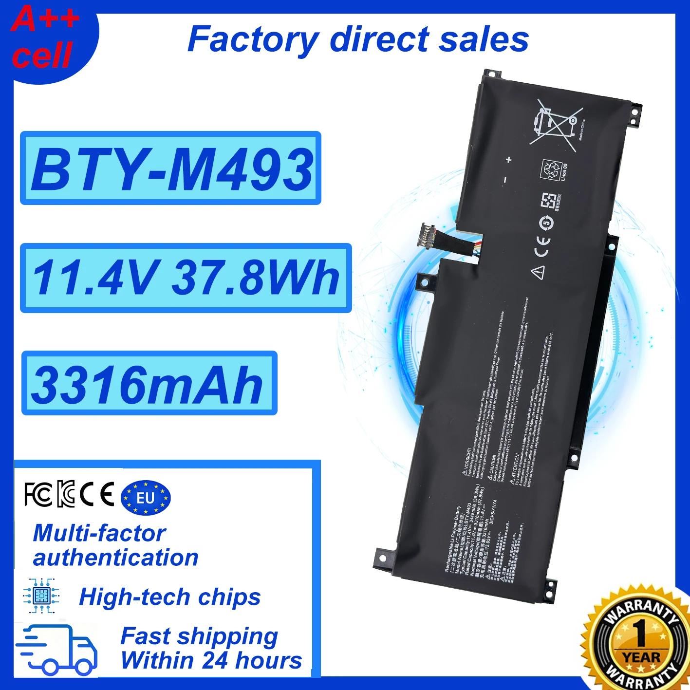 New BTY-M493 11.4V laptop Battery For MSI Prestige 14 i7-10710U MS-14C1 MS-14D1 A10RAS A10M A10SC A10SC-009 B10MW B10MW-017US