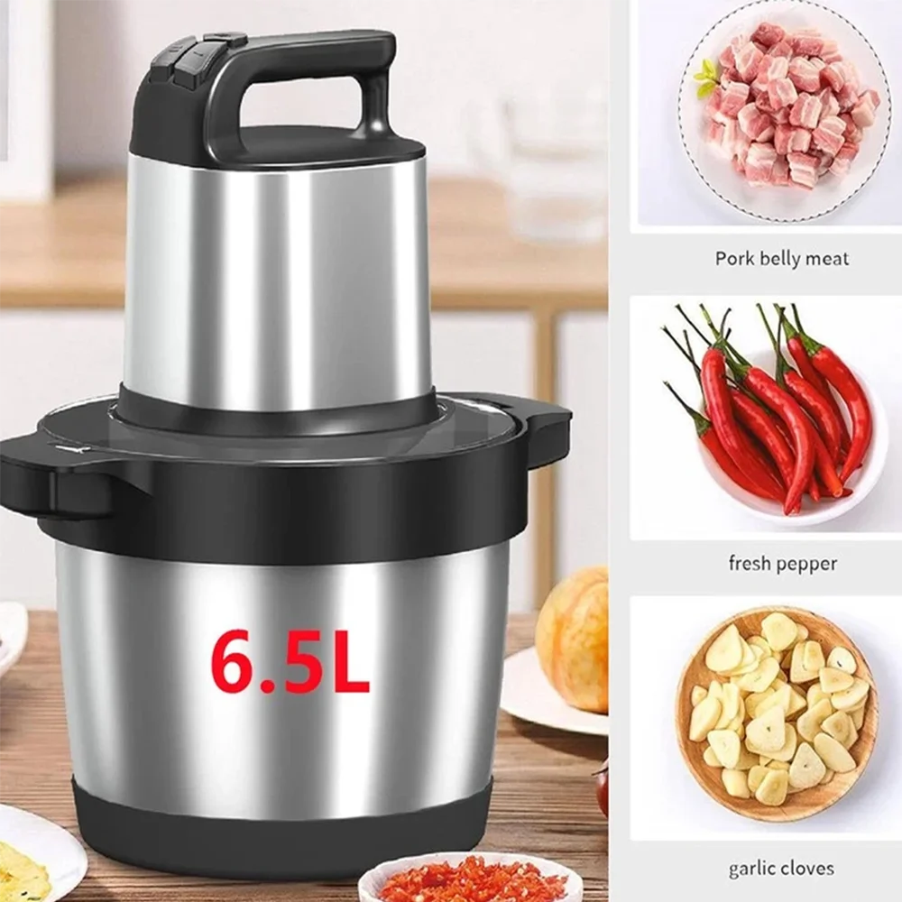 Picadora de Carne de Acero Inoxidable de 1500W y 6.5L, 3 Velocidades, Motor Potente, Cuchilla de 4 Capas, Trituradora de Vegetales, Picadora de Ajo y Cebolla