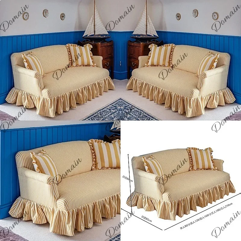 N80 French retro pastoral khaki yellow and white striped sofa straight row fabric skirt photography photography B & B