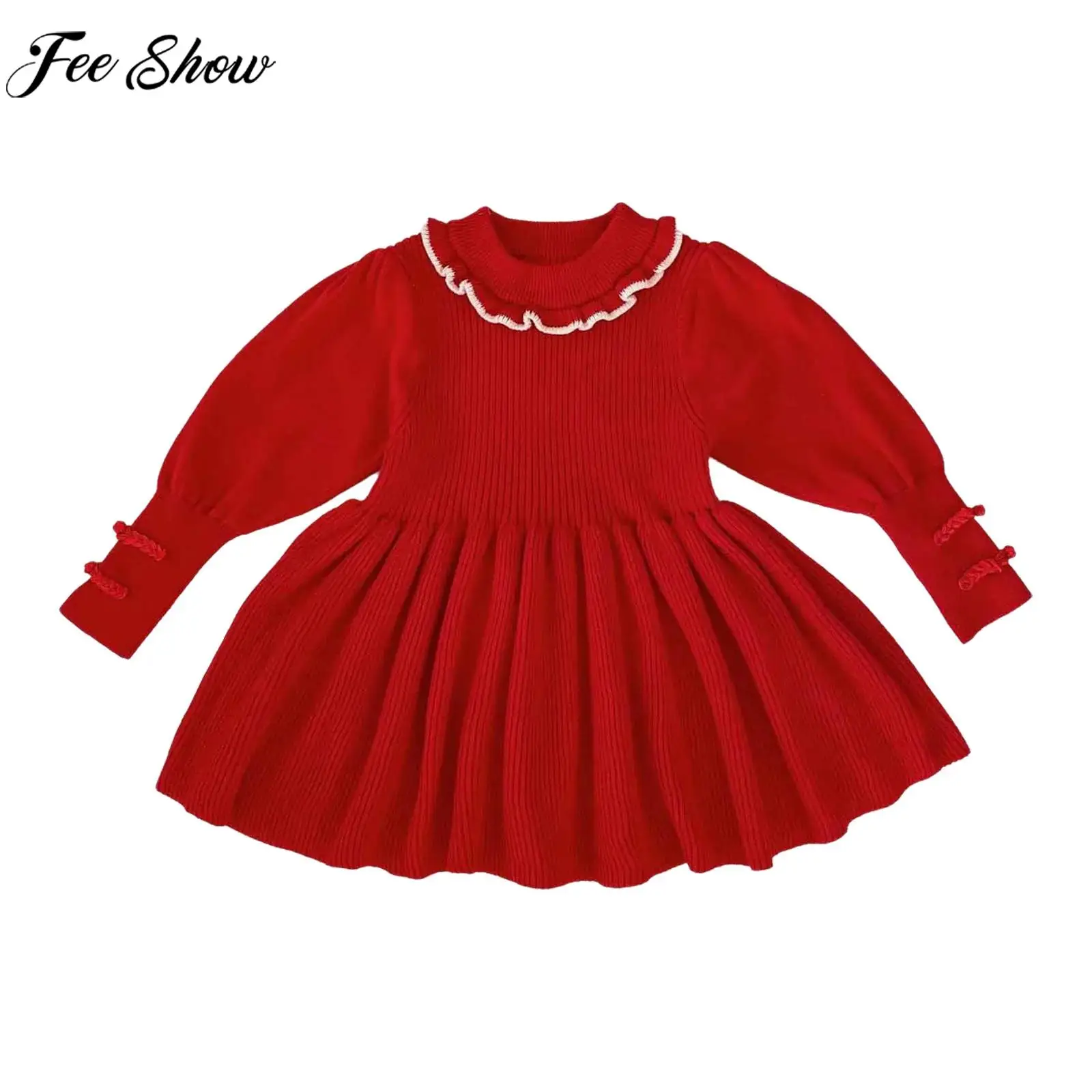 Children Girls Long Sleeve Sweater Dress Spring Autumn Solid Ruffled Knitted Casual Warm Dresses Daily School Party Playwear