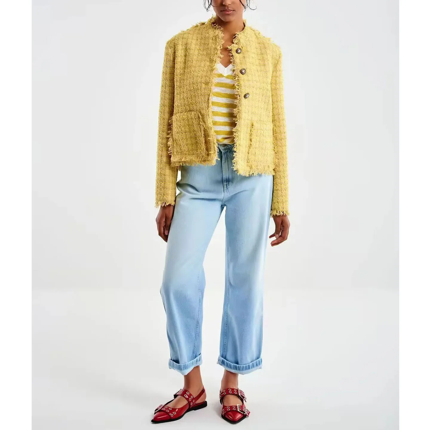 Autumn 2025 New round Ne Long Sve Coarse Texture ket Decorated ort Jaet Casual Sle Women's Polyester Fiber Coat