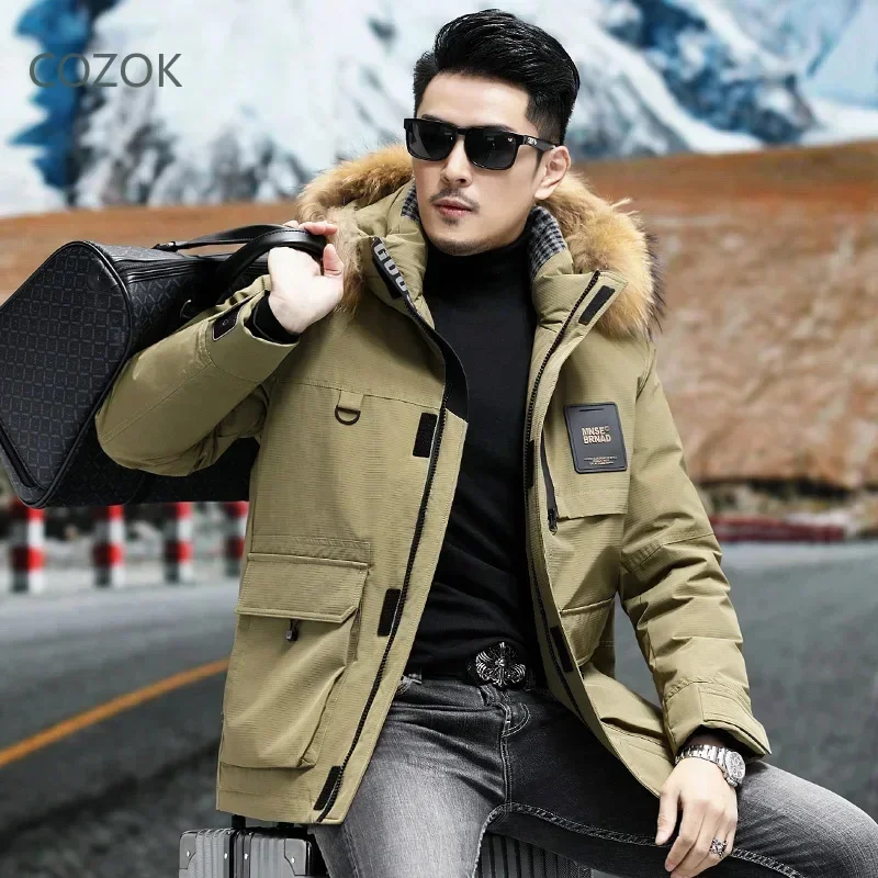 COZOK Men's Winter Down Jacket Removable Fur Collar 2025 Designer Clothes Men Duck Padding Hooded Padded Male Coat