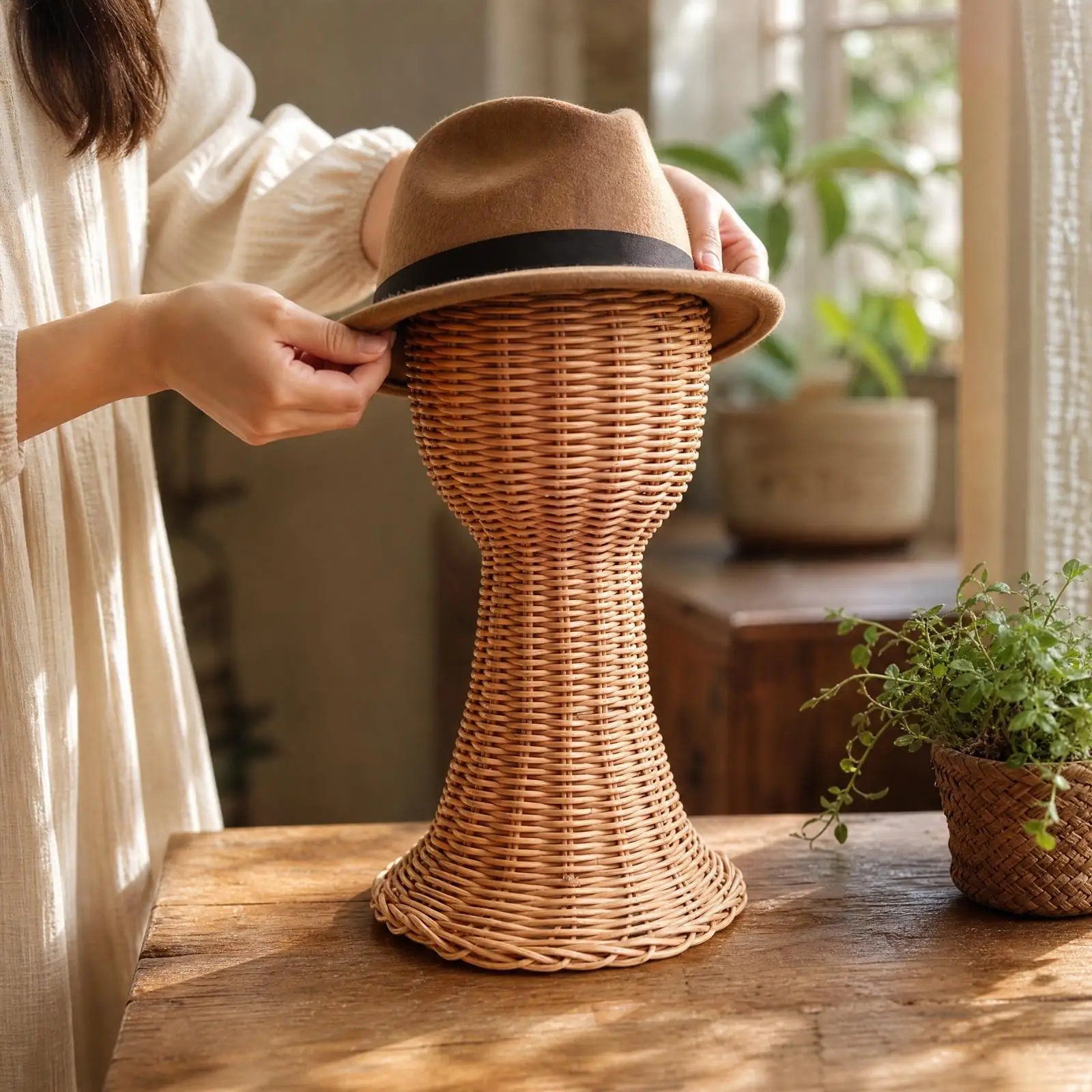 Rattan Mannequin Head Display Stand Unisex Rattan Mannequin Head Stand Freestanding for Home Organization, Craft Studios,