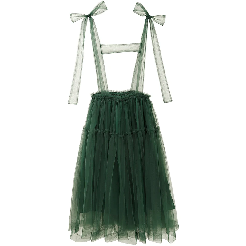 Midi Tulle Suspender Skirt Women 2022 Korean Fashion Green Long Pleated Tutu Layered Elastic High Waist Party A Line Mesh Skirts