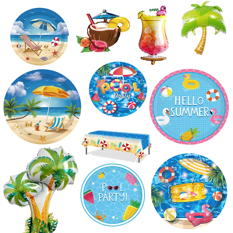 Swimming Pool Rave Party Decorations Happy Birthday Disposable Tableware Paper Plates Cups Balloons Hawaiian Wedding Supplies