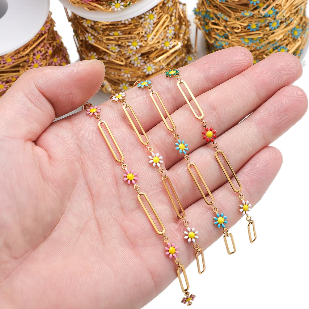 1 Meter Stainless Steel Enamel Flowers Long Buckle Gold Color Flat Chains for Necklace Bracelet Findings DIY Jewelry Making