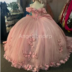 Angelsbridep Luxury Long Train Pink Ball Gown Quinceanera Dresses 2025 With 3D Handmade Flower Sweet 16 Vestido De 15 Anos