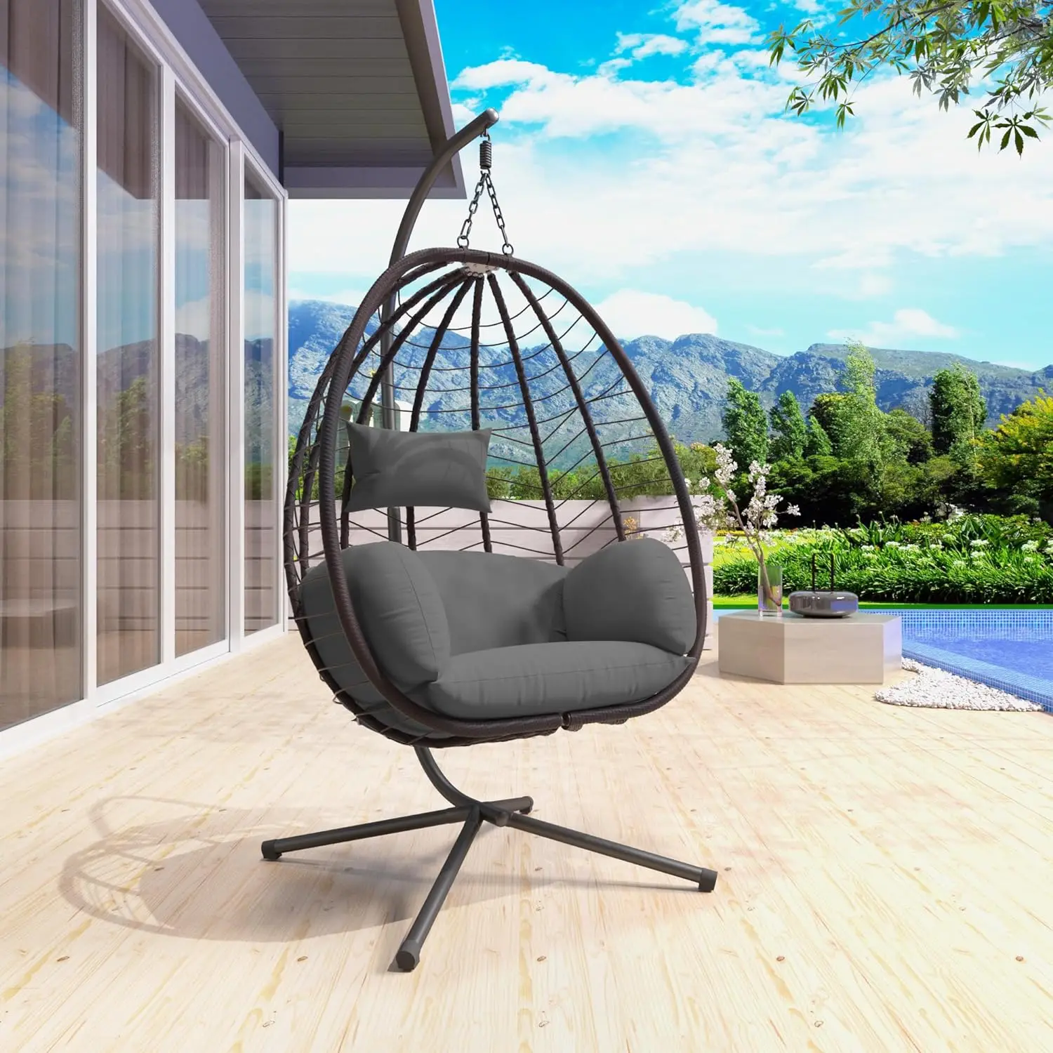 Chair with Cushion Headrest, Hammock Chair 350lbs Capacity for Bedroom Patio Porch Garden Balcony