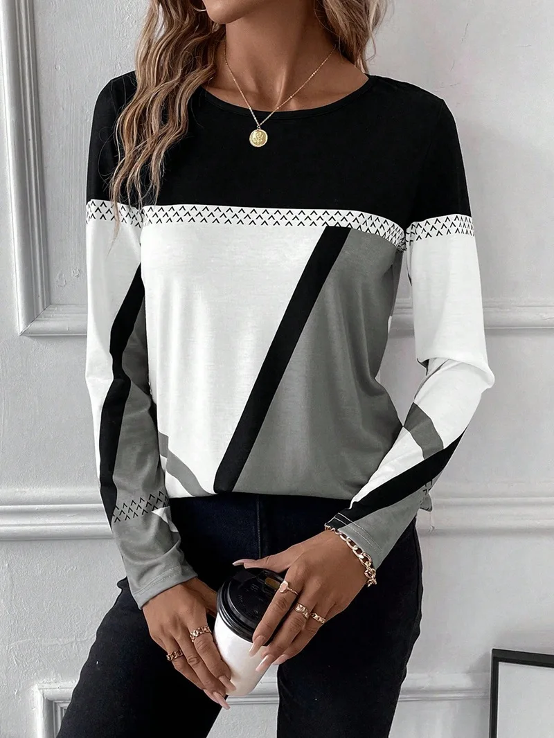 Leisure Long Sleeved Tshirt 2024 Women's New Pullover Round Neck Contrasting Color Splicing Geometric Print Top Women's T-shirt