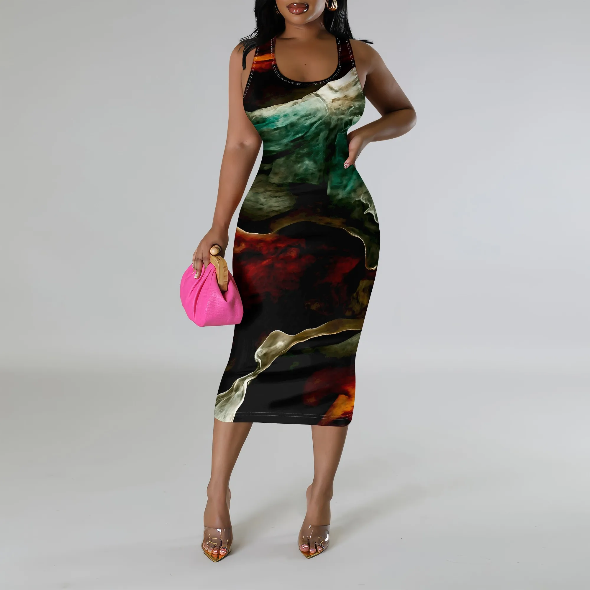 

Abstract Art Print Midi Dress S-3XL Sleeveless Bodycon Style for Summer Party, Museum Date or Artistic Street Look