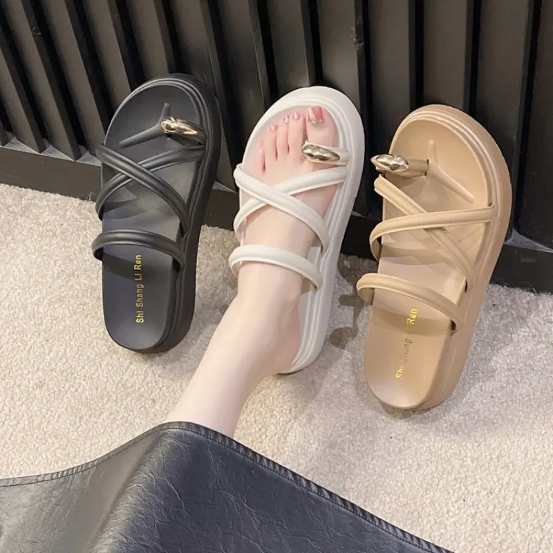 2023 Summer Women Platform Slipper Fashion Open Toe Narrow Band Thick Sole Flats Sandalias Ladies Elegant Outdoor Beach Slides