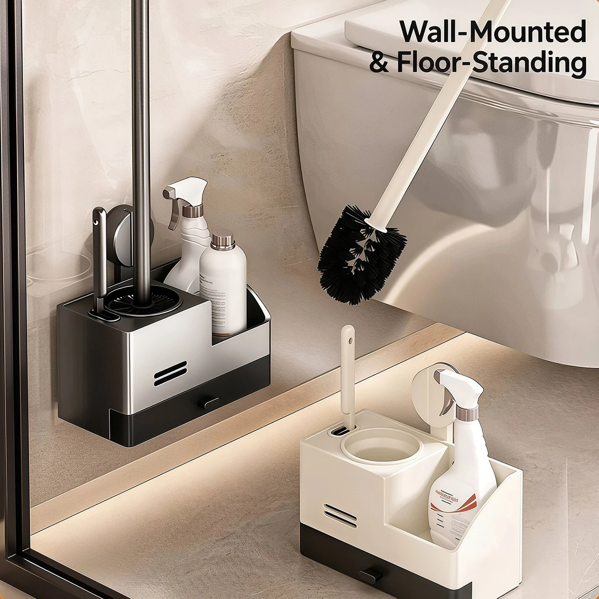 Wall-Mounted Toilet Bowl Brush with Suction Cup Holder Ventilated Base Toilet Cleaning Brush Home Items Bathroom Accessories Org