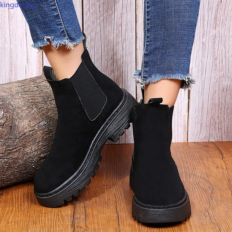 Women's Chelsea Boots Faux Suede Platform Ankle Boot for Women Retro Khaki Med Heels Short Botas Mujer Shoes Womens Boot Autumn