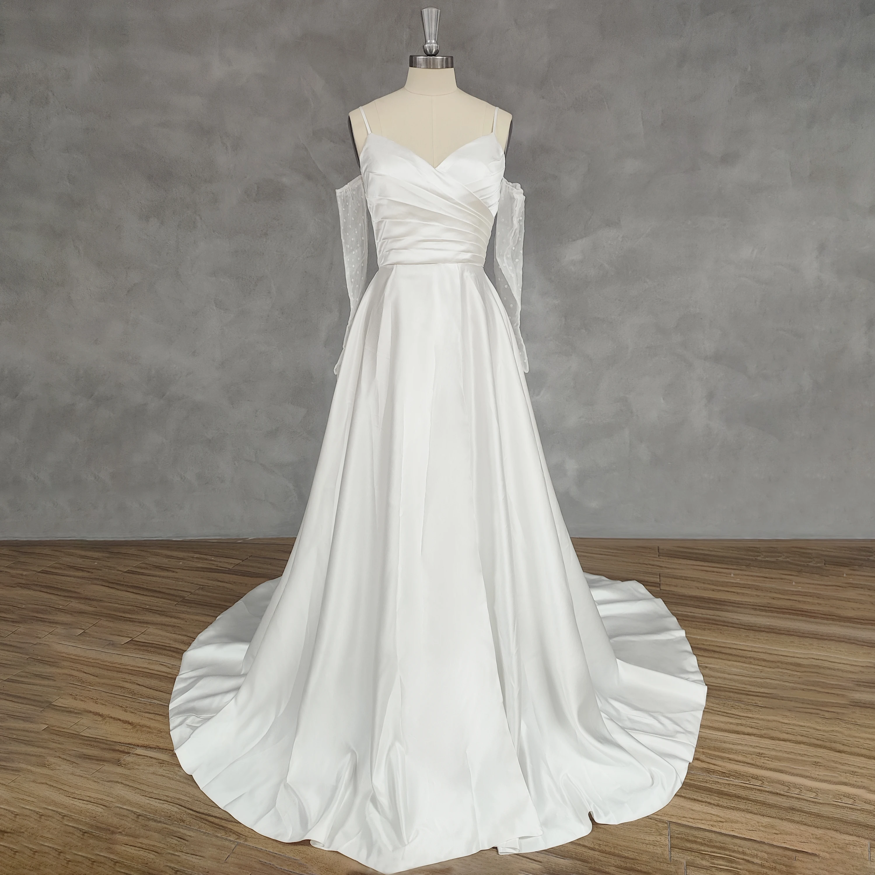 DIDEYTTAWL Real Picture V-Neck Off-Shoulder Satin Wedding Dress Pleats Lace Up Back Court Train Bridal Gown Custom Made