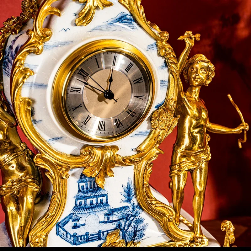 American copper with porcelain decorative jewelry, angel clock, clock, European retro high-end handicraft copper ornament