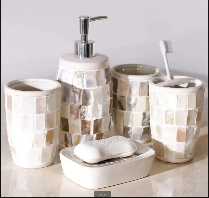

Hand-inlaid Shell Wash Kit Ceramic Bathroom Five-piece Creative Couple Mouthwash Cup Set Household Bathroom Accessories Set Gift