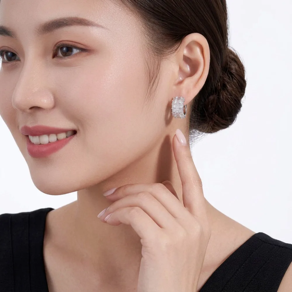 925 Silber Baguette-Schliff Moissanit Creolen Damen Feiner Schmuck Weißgold Diamant Huggie Kreisohrringe Testergeprüft Geschenk – Detail 5