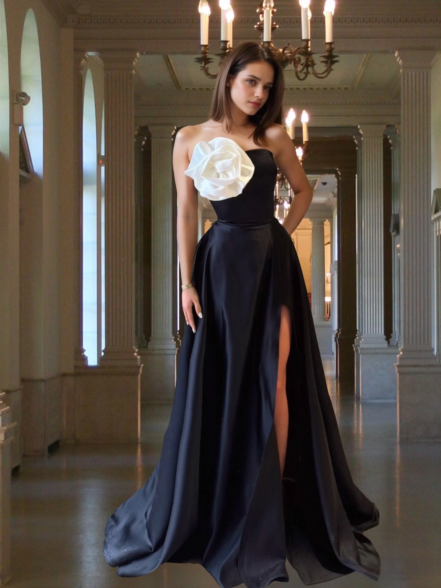 Customized  High Quality Satin A-Line Flowers Evening Dresses Strapless Sleeveless Panel Train Homecoming Dress Tempera