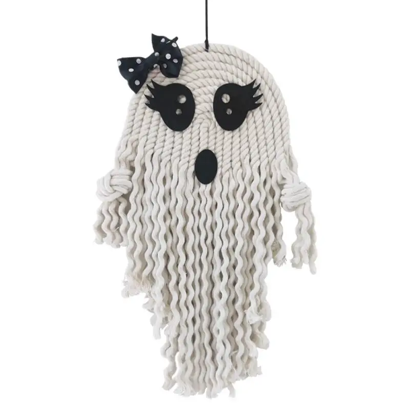 Tassel Macrame Ghost Pendant 2023 Halloween Woven Wall Pendant with Black Eyes Spooky Horror Scene Props Party Supplies