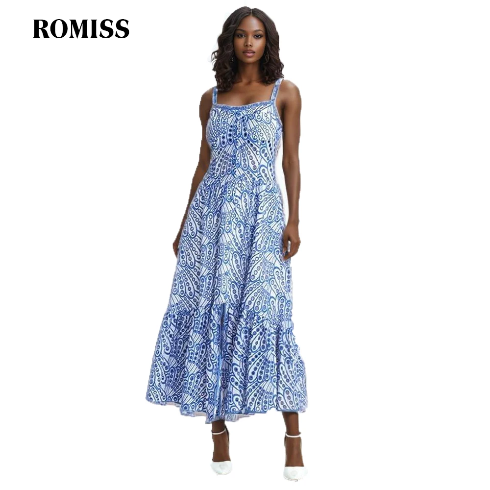 

ROMISS Hollow Out Printing Dress For Women Square Collar Sleeveless High Waist Backless Slimming Camisole Dresses Female New