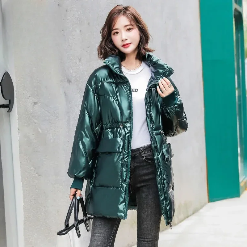 

2023 New Women Glossy Down Cotton Jacket Puffer Parka Winter Female Thicken Warm Stand Collar Outwear Fashion Casual Outcoat