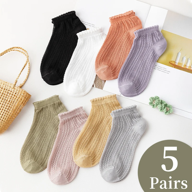 5 Pairs of Women\'s Spring Summer Four-seasons Solid Color Breathable Mesh Lace Simple and Fashionable Comfortable Short Socks