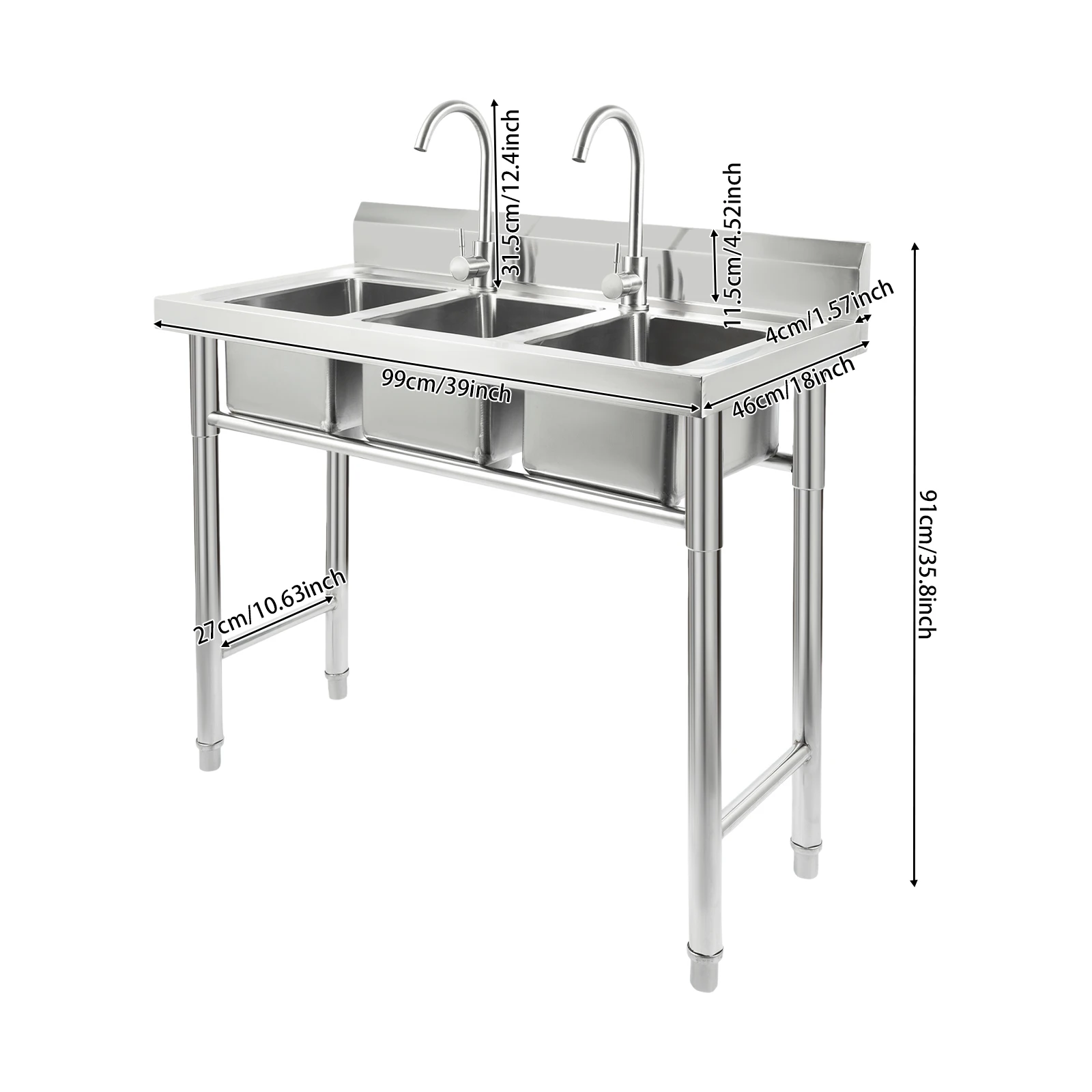 Commercial 304 Stainless Steel 3-Slot Sink with 2 Faucets, Freestanding Kitchen Washing Station for Restaurant Farm Home