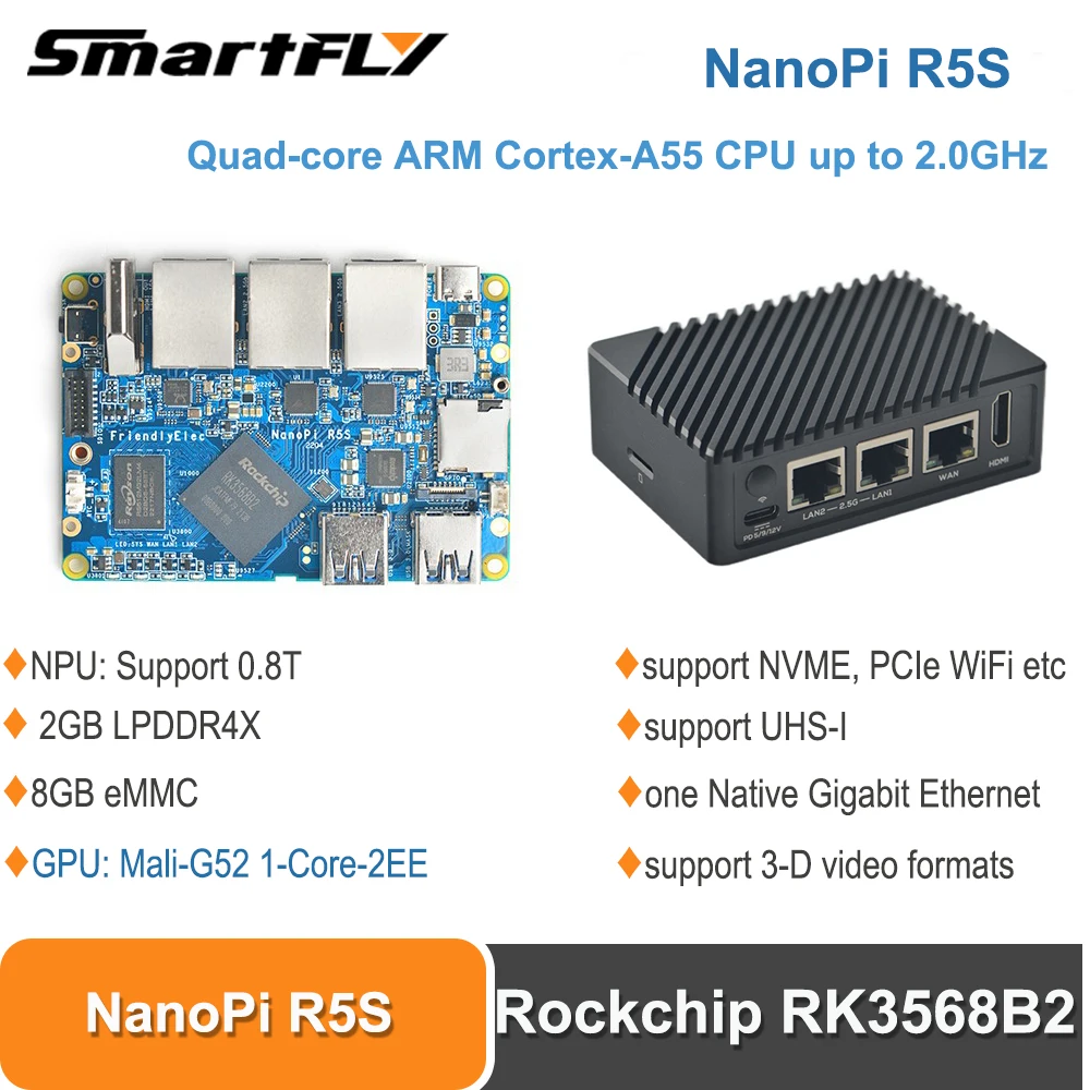 

Smartfly NanoPi R5S Rockchip RK3568 SBC Quad-core ARM Cortex-A55 CPU 2GB+8GB support NVME, PCIe WiFi ,0.8T NPU